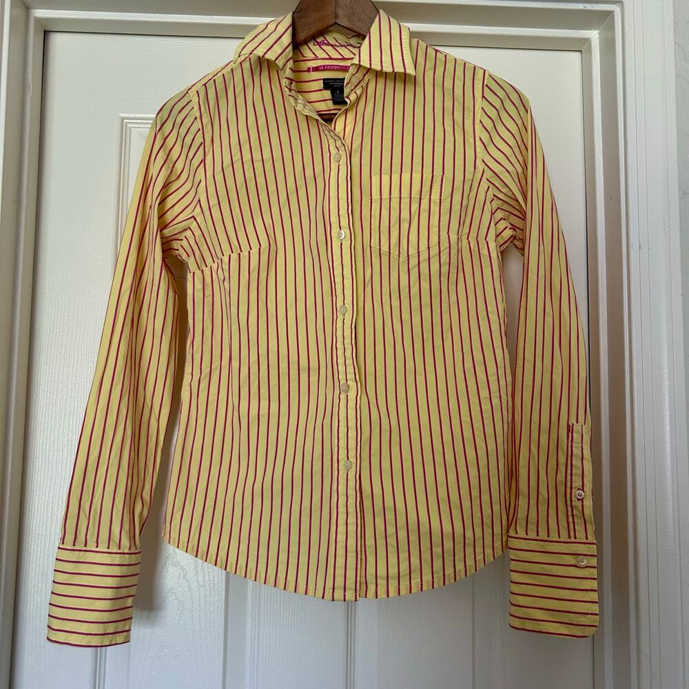 American Eagle Womens Button Down Yellow Pink Stripe Dress Long Sleeve Shirt 6
